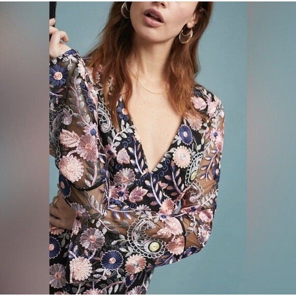 Anthropologie Dress ML Monique Lhuillier Embroidery Floral Bell Sleeve Roupell 0 - Picture 12 of 16